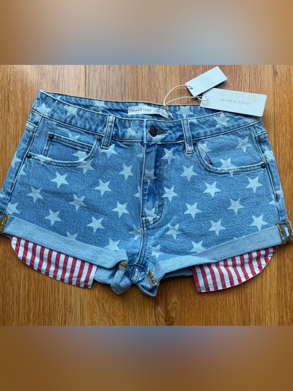 Altar'd State Light Blue Star-Print Denim Shorts with Flag Trim